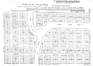 In 1830, commissioned to survey, James Thompson completed a plat of what was then known as the Town of Chicago, an area about 0.375 square miles with streets 80 feet wide and alleys 18 feet wide.