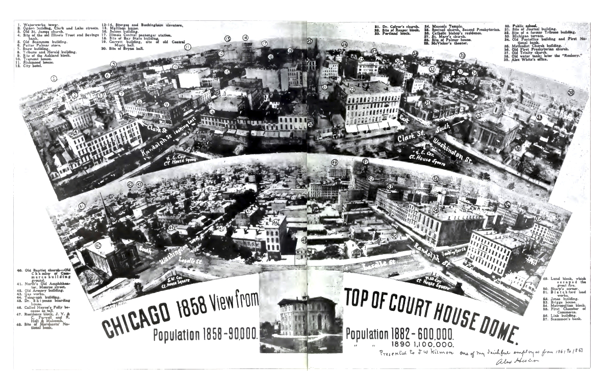 Shows all the buildings around the current Chicago Temple site and the 1858 building under construction.