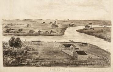 Mark Beaubiens Sauganash hotel and ferry in the Foreground.Chicago History museum.