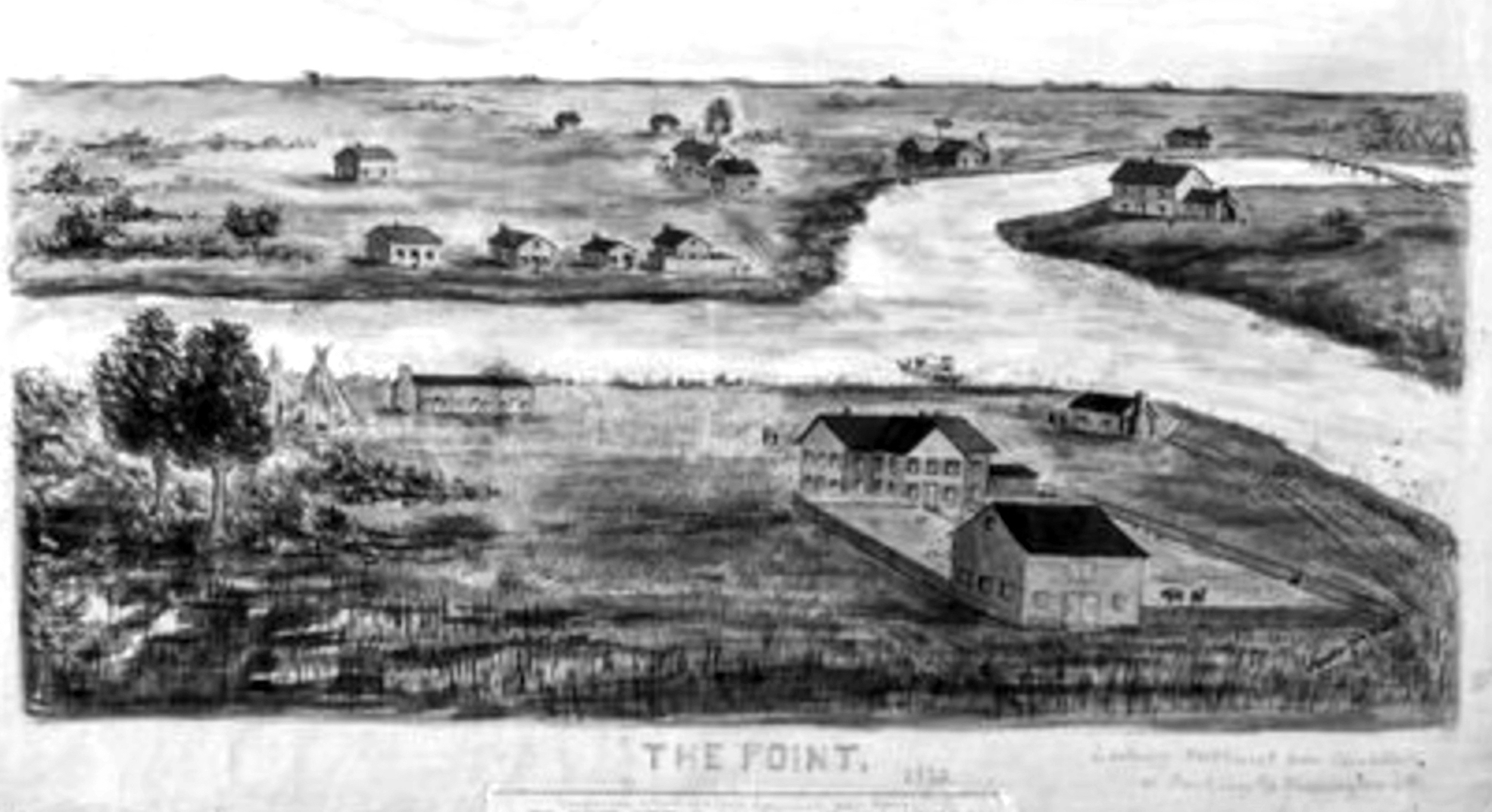 Drawing of early Chicago depicting settlement at Wolf’s Point at the fork of the Chicago River, 1833. View shows Sauganash Tavern owned by Mark Beaubien. Artist, Justin Herriott, 1902.